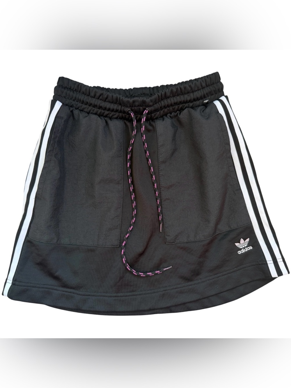 adidas Black Skirt with White Side Stripes and Pink-Accented Drawcord